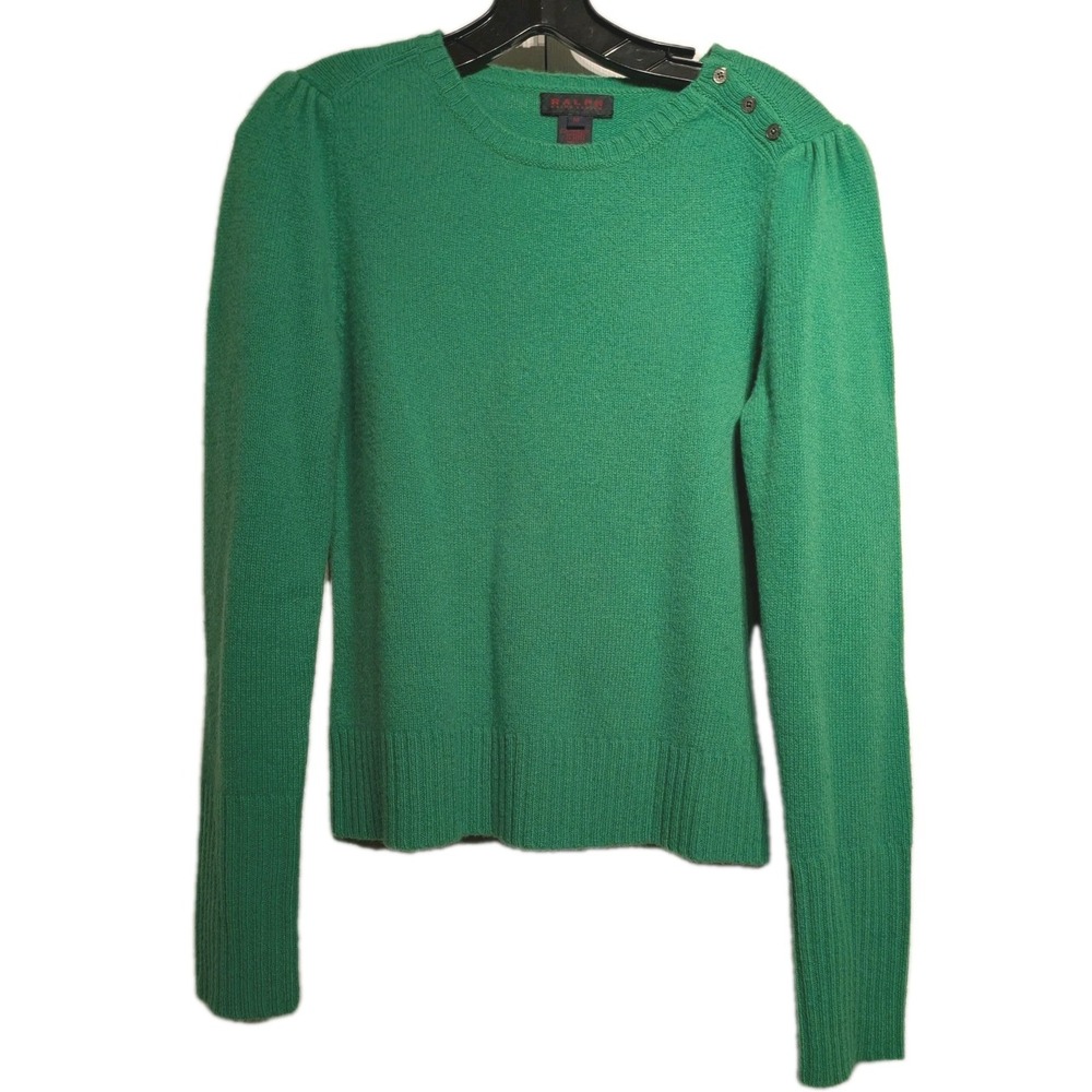 Vtg Ralph Lauren Sweater Women M Kelly Green Lambswool Long Ribbed Cuff Button